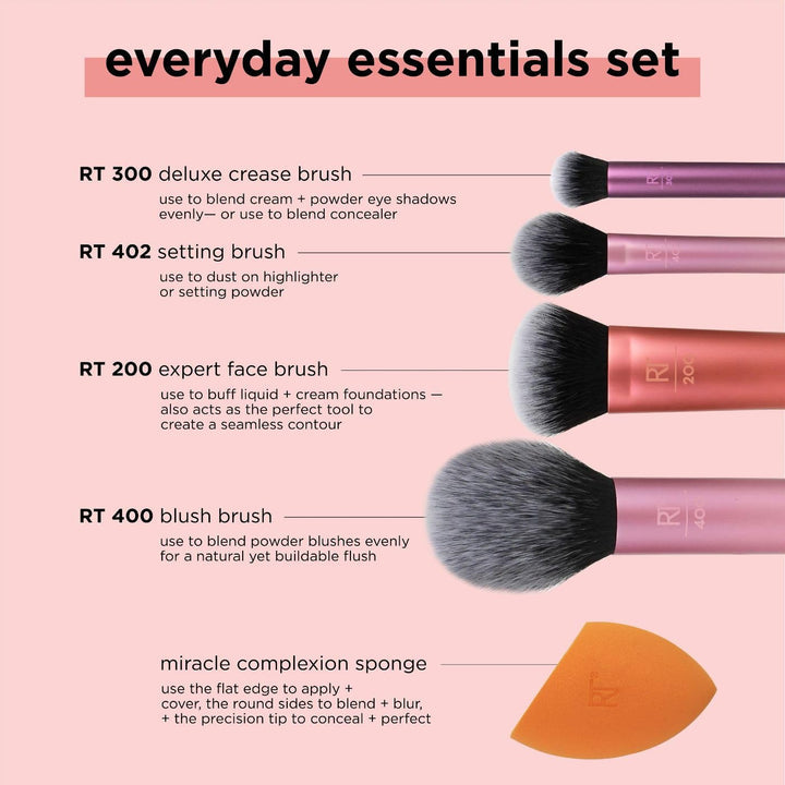 Real Techniques Everyday Essentials Makeup Brush Set with Bonus Sponge